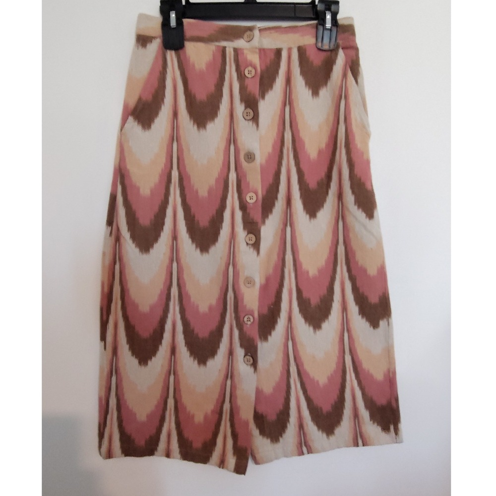 Faherty Organic Cotton Button Front Ikat Midi Skirt Pink Brown Medium